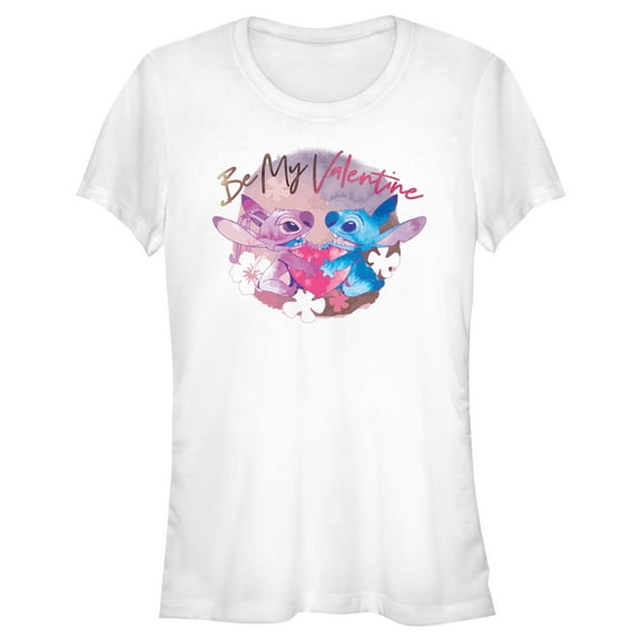 Junior's Lilo & Stitch Be My Valentine Watercolor Couple Graphic Tee White X Large
