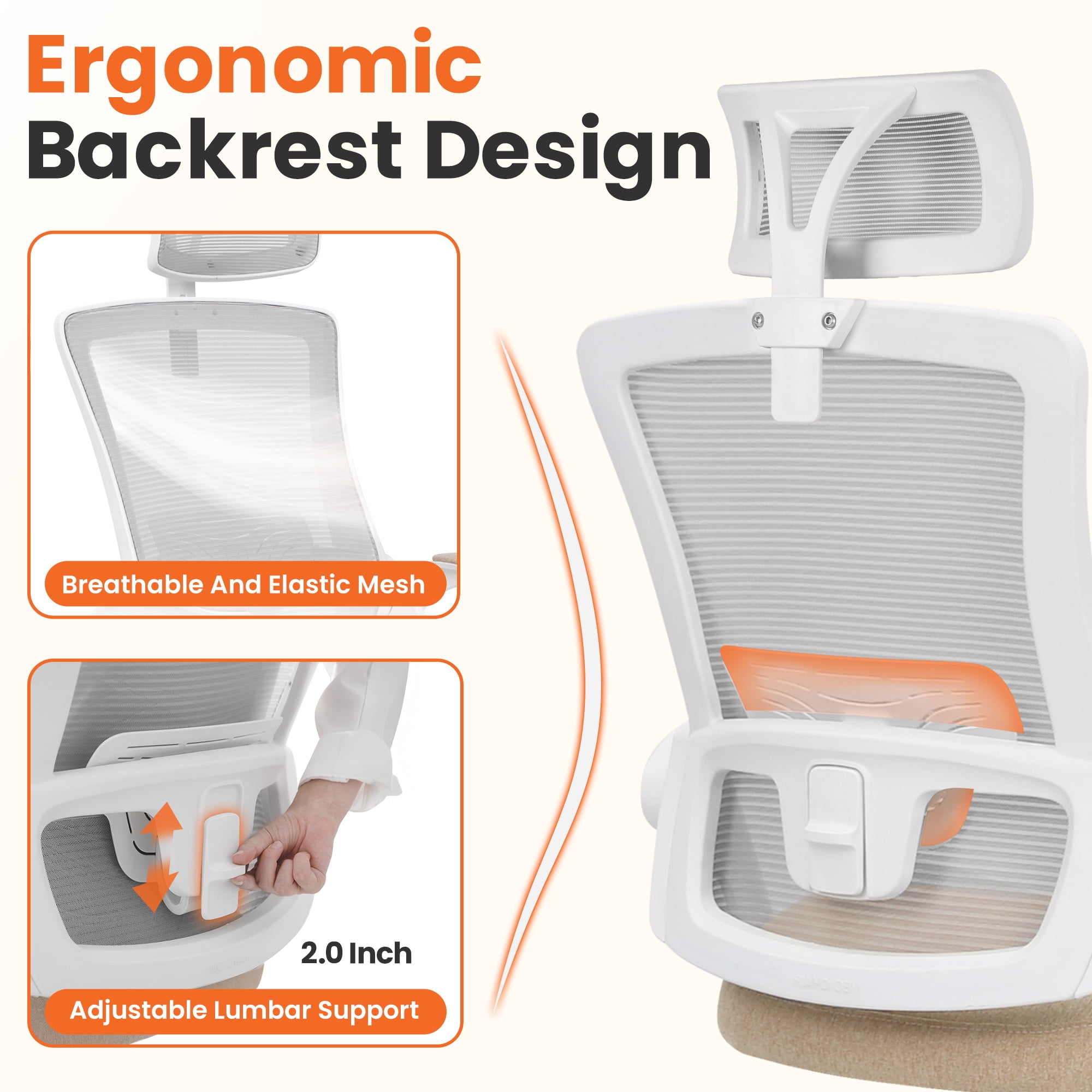 NEO Chair Office Desk Chair Gaming Computer High Back Support Mesh Comfy Seat with Adjustable Ergonomic Headrest Lumbar Rolling Flip-up Armrests and Wheels (Beige)