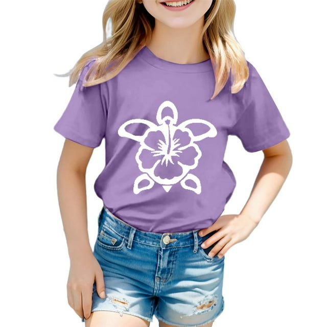 LUOGENLI T-Shirt pour Filles Garçon et Fille Mode Décontractée Imprimé Col Rond Ample Manches Courtes T-Shirt Haut Maxi avec Shorts et Poches Violet 10-11 Ans