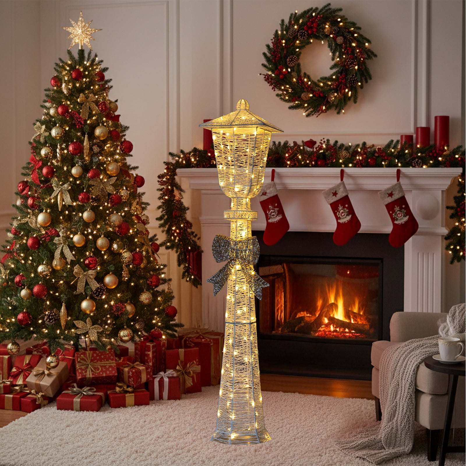Lighted Lamp Post with Bowknot, 110 Warm White LED Christmas Decoration, White