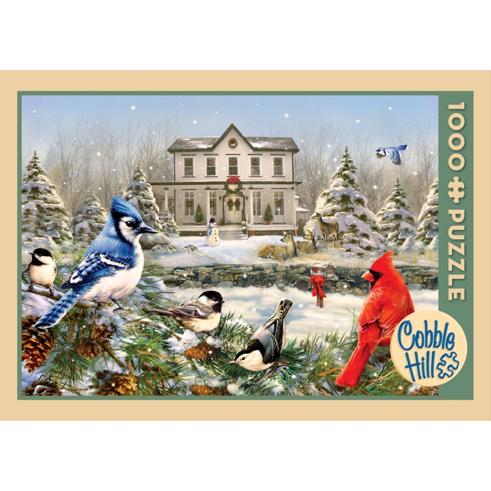 Cobble Hill Country House Birds 1000 pc Jigsaw Puzzle Winter Snowfall Bluebirds 