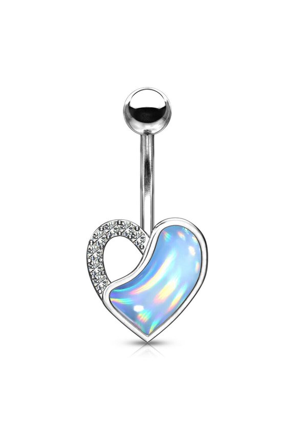 Belly Button Ring with Crystal Paved and Illuminating Stone Filled Heart - 14g