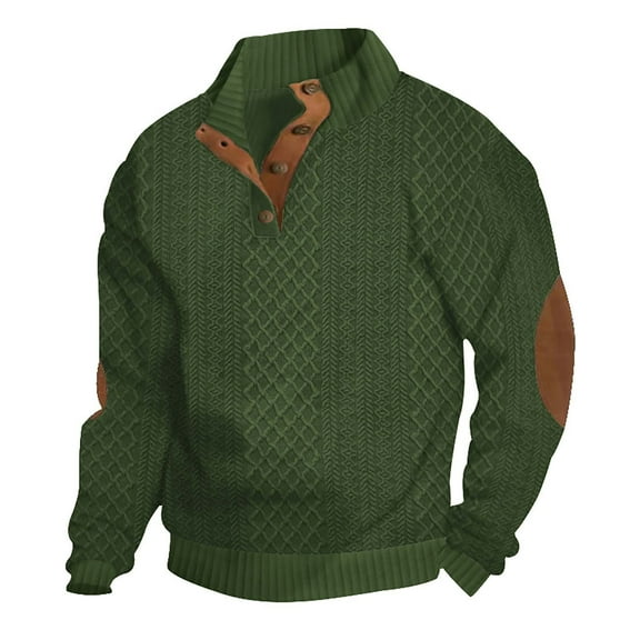 Casual Knit Sweater for Men with Stand Collar Buttons and Leather Elbow Accents Army Green XL