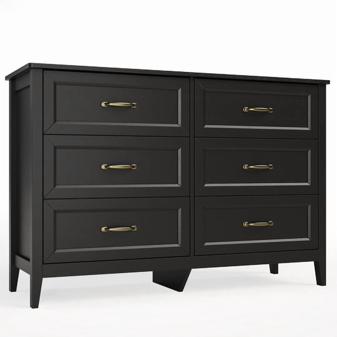 Aiho Farmhouse Dresser for Bedroom, 47.2" Wide 6 Drawer Dresser Storage Organizer, Wood Chest of Drawers for Bedroom, TV Stand for 50 inch TV, for Living Room, Hallway - Black