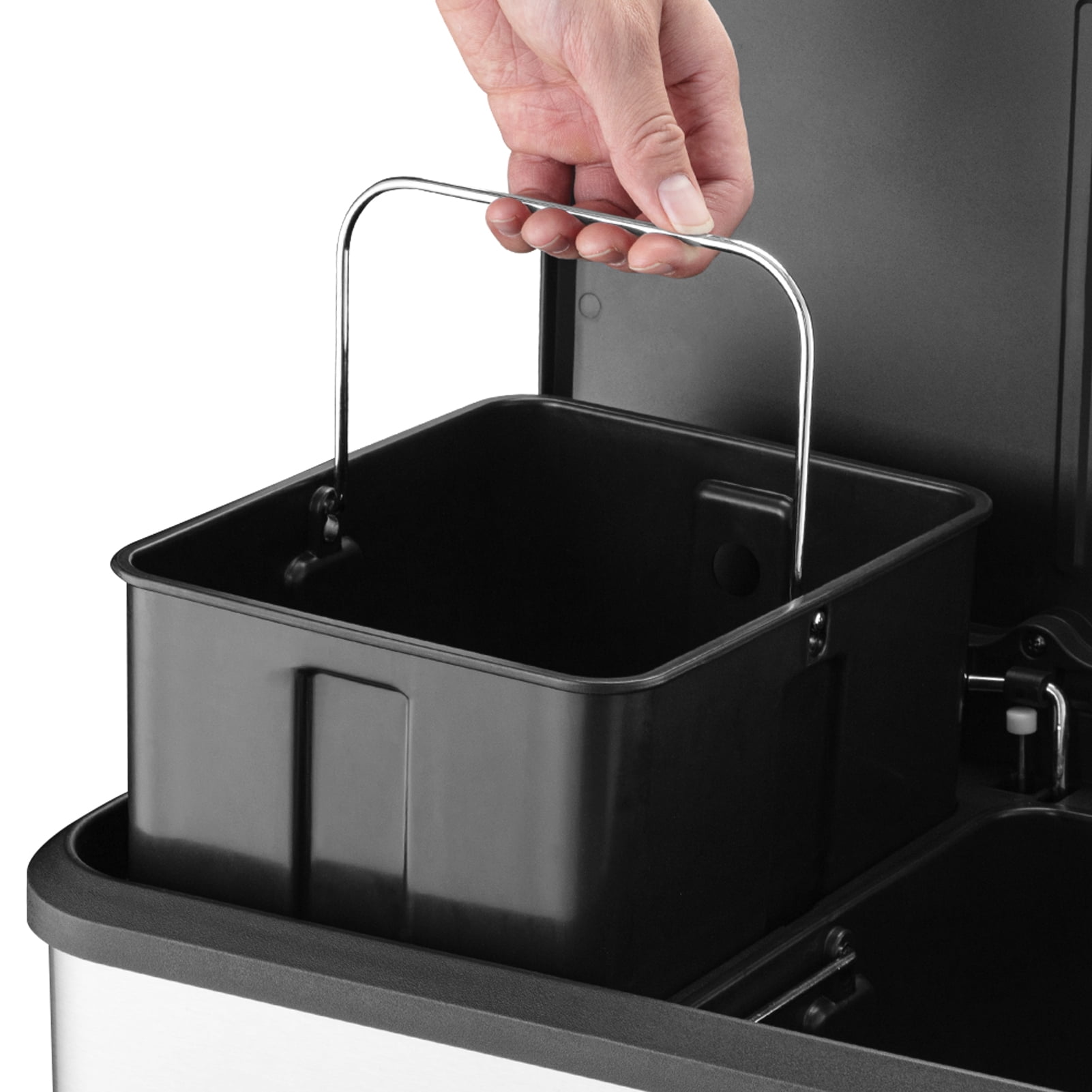 Dual Trash Can for Recycling and Trash, 2 x 15 L (30 L) Stainless Steel Kitchen Trash Can with Lid and Foot Pedal, Double Compartment Garbage Can, Trash Can with Recycling Bin