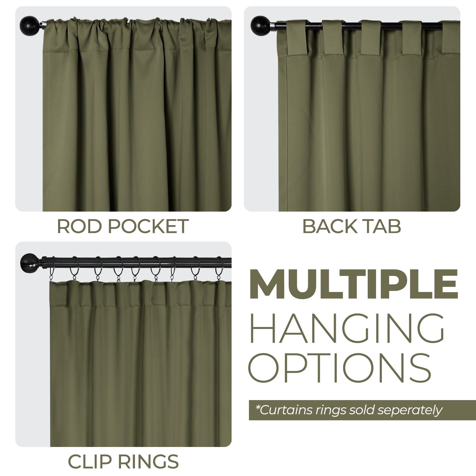 Superior Blackout Solid Light Filtering Back Tab Curtain Panel Set, 42" x 63", Olive Green