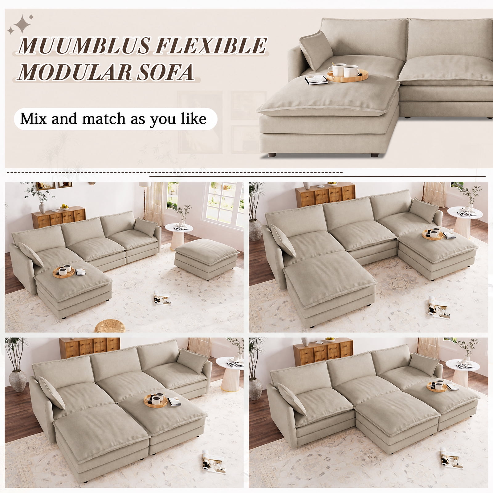 Muumblus 110" Oversized Modular Sectional Sofa with 2 Movable Ottoman, U Shaped Deep Seat Cloud Couch for Living Room, Camel Chenille