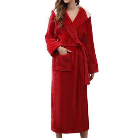 Defitshape Women s Flannel Long Robe Full Length Pocket Hoodie Bathrobe Fleece Plush Winter Warm Hooded Red Large
