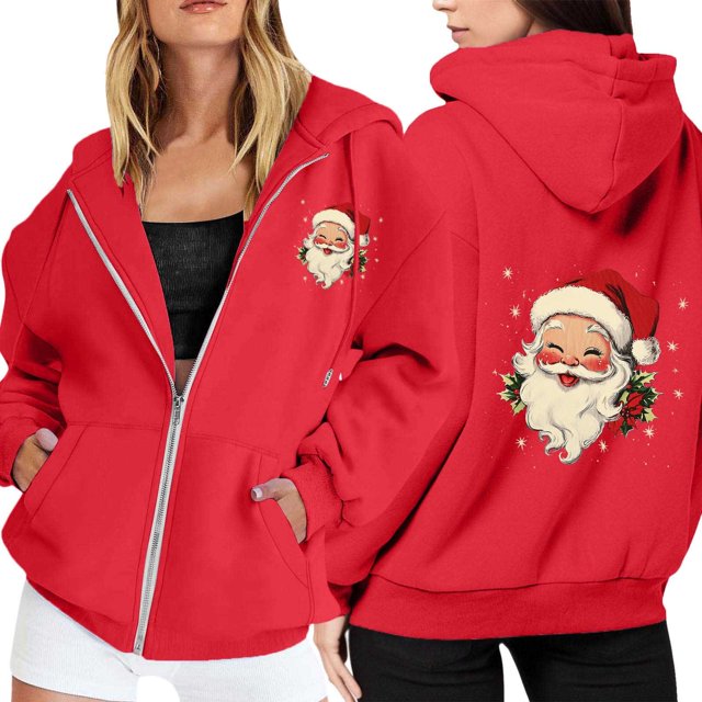 WILLBEST Sudadera de Mujer Ladies' Christmas Printed Zipper Long Sleeved Pocket Drawstring Casual Hooded Sweatshirt 1714 Grande