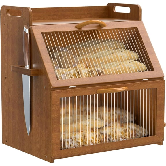 Bread Box for Kitchen Countertop, Large Bread Storage Container for Homemade Bread, Vintage Wooden Farmhouse Breadbox Organizers, Double Layer Bread Bin with Acrylic Window Bread Holder