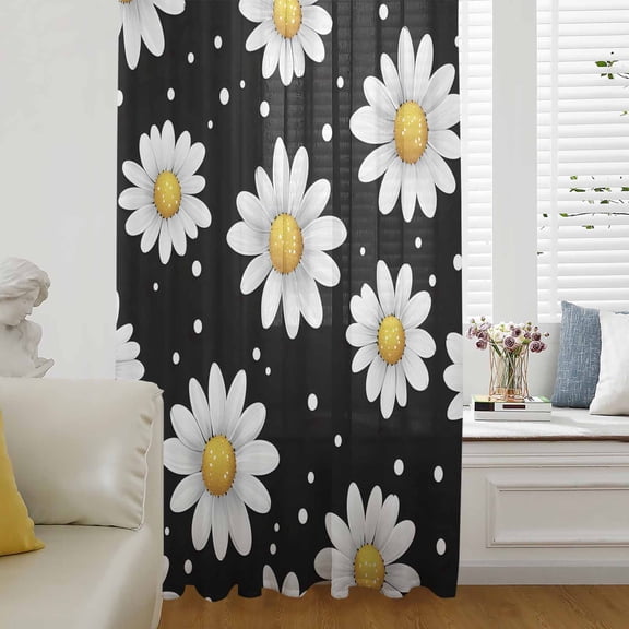 Botanical Daisy Semi Sheer Curtains Drapes for Living Room, Bedroom, French Doors Window 72 Inches Long, Spring Flowers Branch Stems Rod Pocket Chiffon Curtain Drapery Voile Draperies Panel