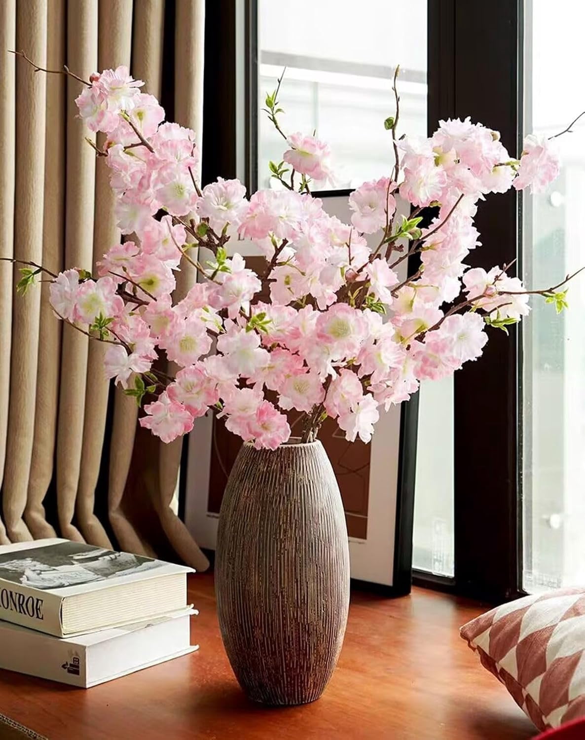 RHN Artificial Faux Cherry Blossom Branches Decor,37.5 in Fake Cherry Blossom Flowers Long Stems Realistic for Home Vase Arrangements Table Centerpiece Wedding Spring Decor(3 Pcs,Light Pink)