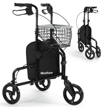 MaxKare 3-Wheel Rolling Walker for Seniors Foldable Rollator Walker with Basket & Tray, 300Lbs Weight Capacity, Height Adjustable, Black