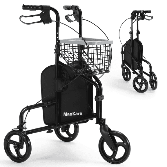 MaxKare 3-Wheel Rolling Walker for Seniors Foldable Rollator Walker with Basket & Tray, 300Lbs Weight Capacity, Height Adjustable, Black