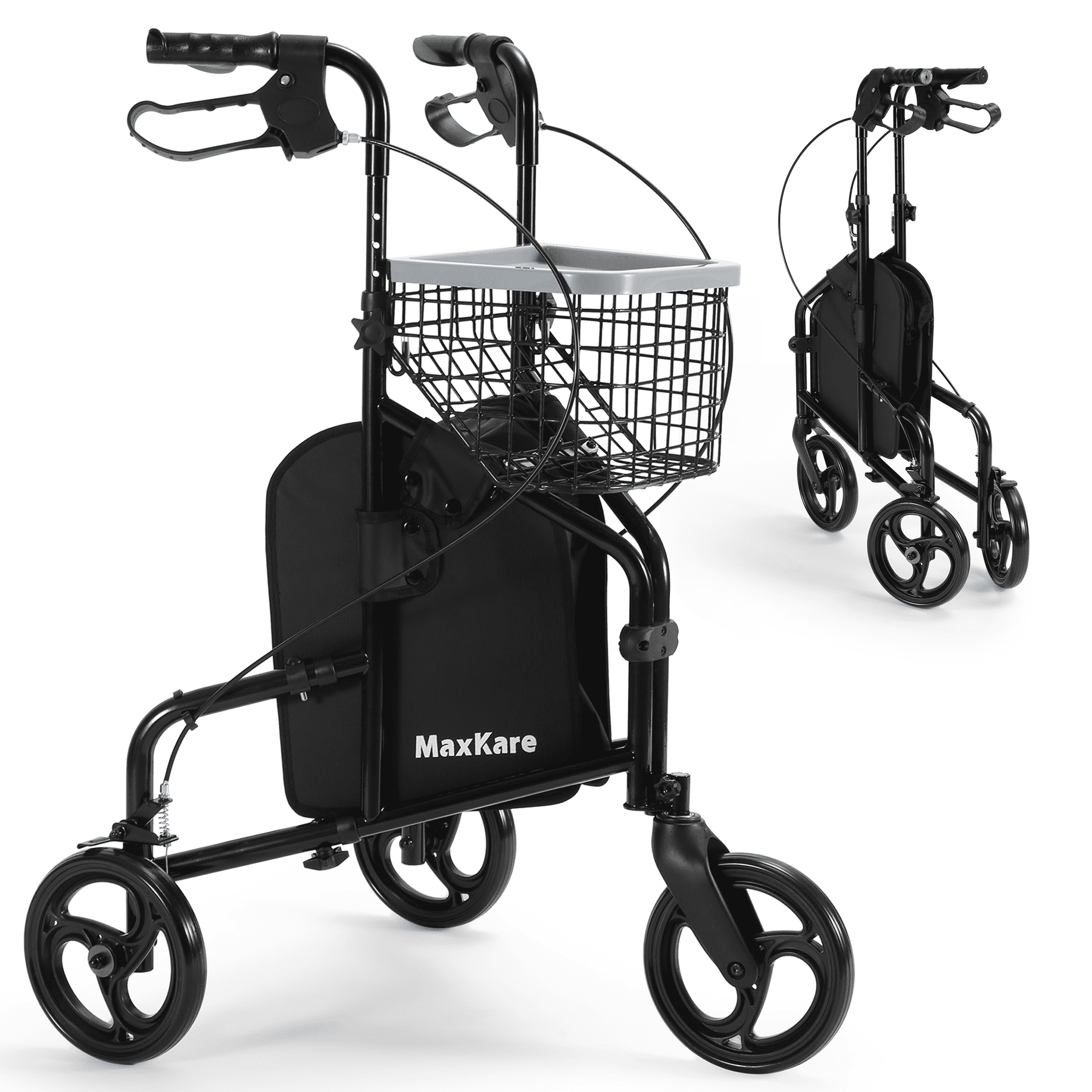 MaxKare 3-Wheel Rolling Walker for Seniors Foldable Rollator Walker with Basket & Tray, 300Lbs Weight Capacity, Height Adjustable, Black