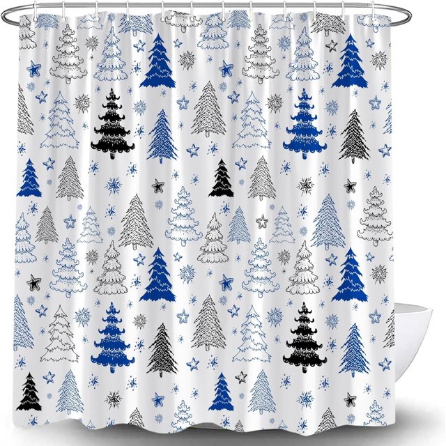 Christmas Tree Shower Curtain Blue Black Grey Xmas Tree Retro Christmas Tree Snowflake Merry Christmas Pine Pattern New Year Rustic Winter Holiday Fabric Bath Curtain Set with Hook