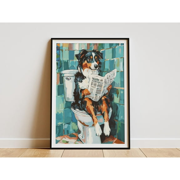 Australian Shepherd Dog on Toilet Reading Newspaper Art Print Bathroom Decor Dog Lover Gift Novelty Wall Art Funny Dog Poster Australian - Poster Unframed