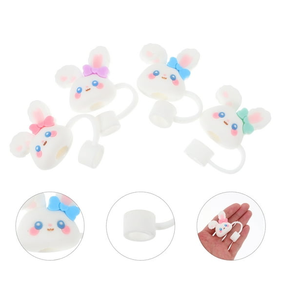 Raindrops 4pcs Dustproof Silicone Straw Caps Cartoon Bunny Design Reusable Drinking Straw Covers Easter Party Decorations