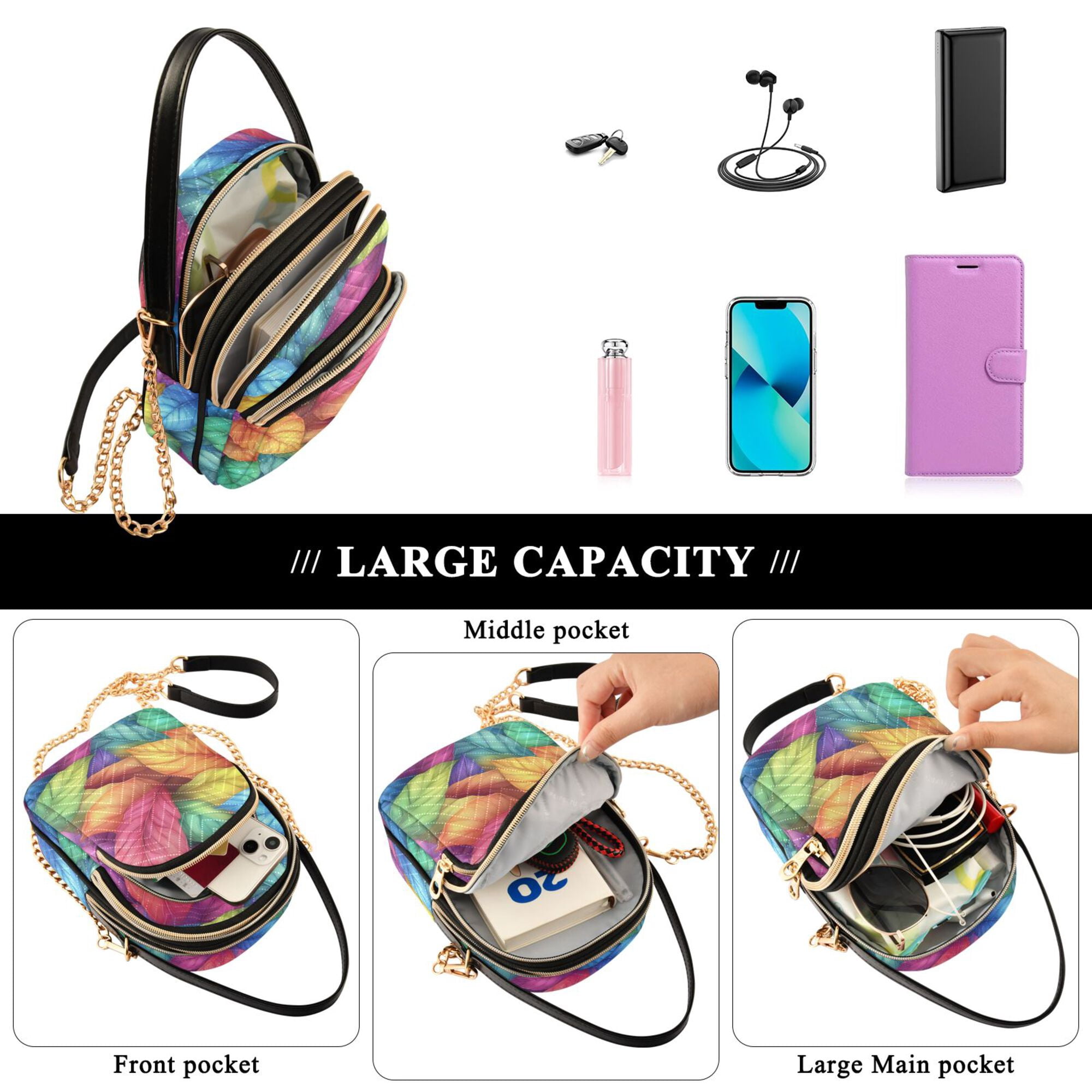 FORMRS Crossbody Bag for Women Quilted Travel Shoulder Cell Phone Purse with Chain Strap Handbag, Vibrant Leaves Pattern