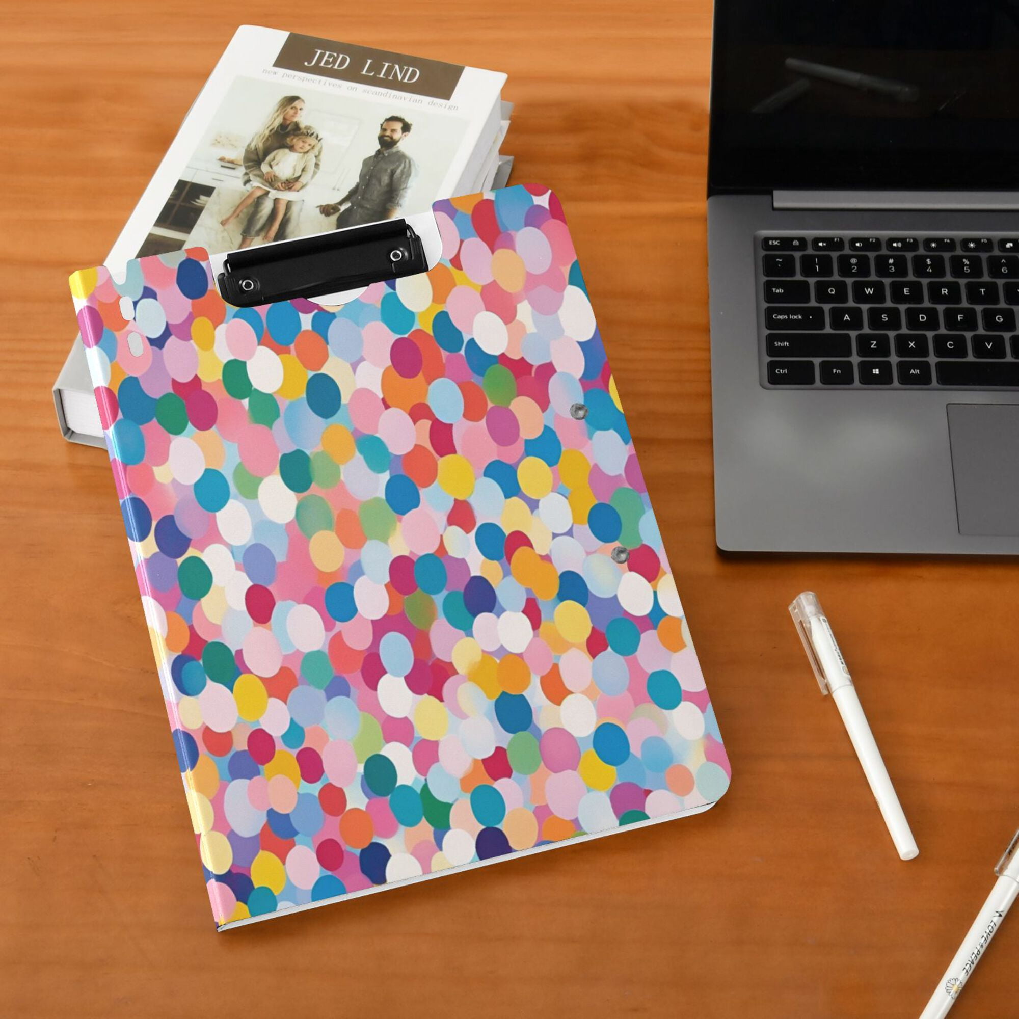 FORMRS A4 Clipboard Folder with Pen Holder Horizontal Foldable School Office Binder, Yellow Colorful Circles