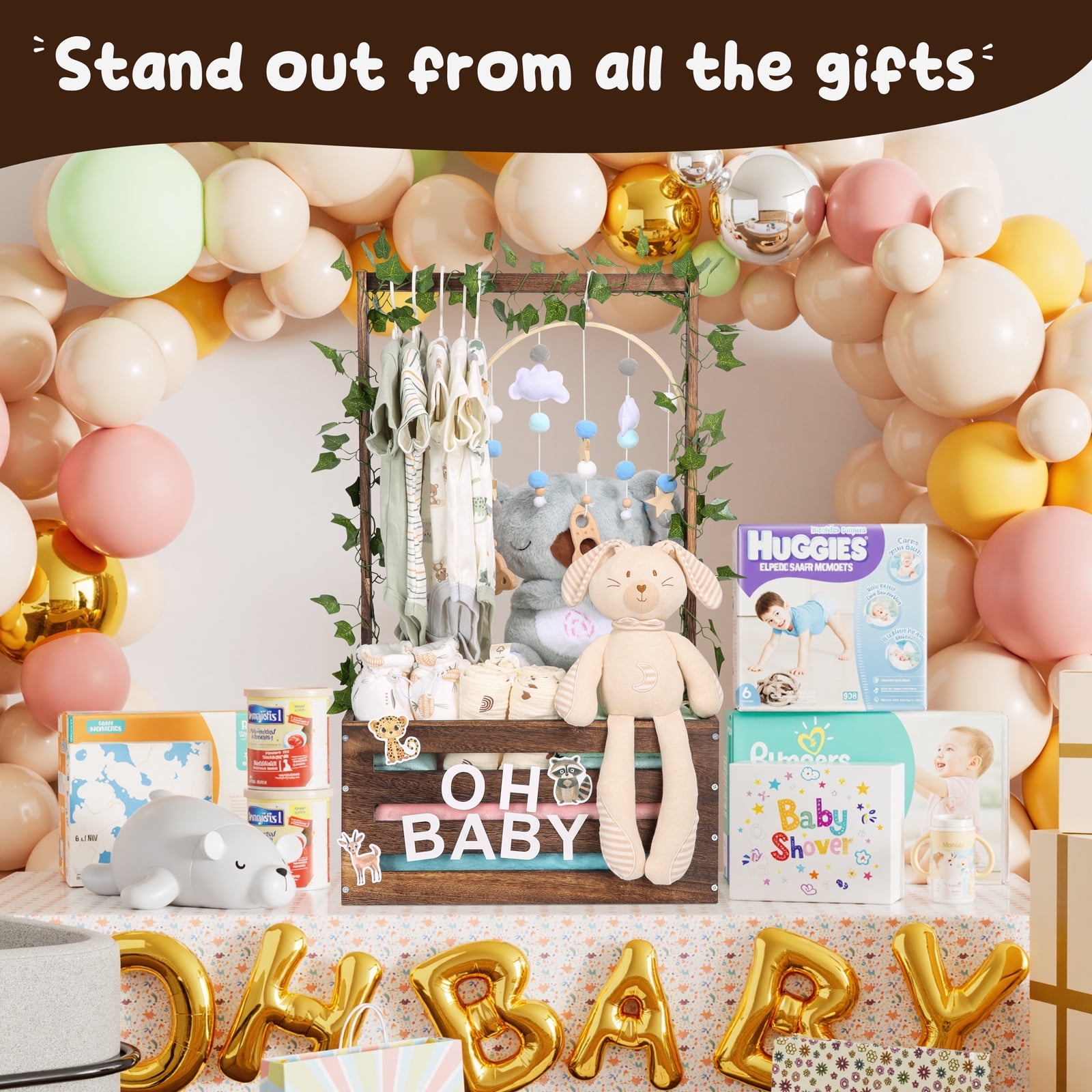 TeSabMi Large Baby Shower Gifts Basket Wooden Crate, Personalized Wooden Letters Hangers New Born Baby Girl Boy Pregnancy Gifts for New Mom Parents Vine Decorations Cute Closet with Adjustable Handle