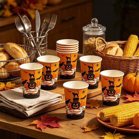 HomeKingdee Halloween Black Cats Ghost Paper Cups Disposable Spooky Party Cups For Kids Adults Table Kitchen Bathroom Fall Decoration 10 Pack