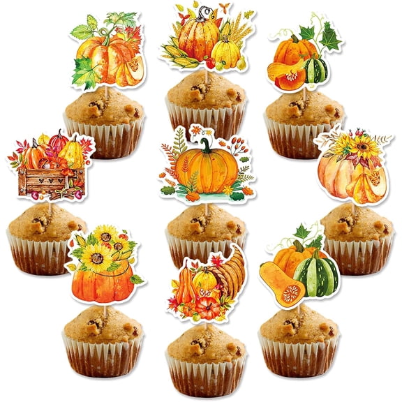45 Pcs Thanksgiving Cupcake Toppers Fall Pumpkin Theme Cake Decorations for Thanksgiving Autumn Harvest Birthday Party Supplies, Orange