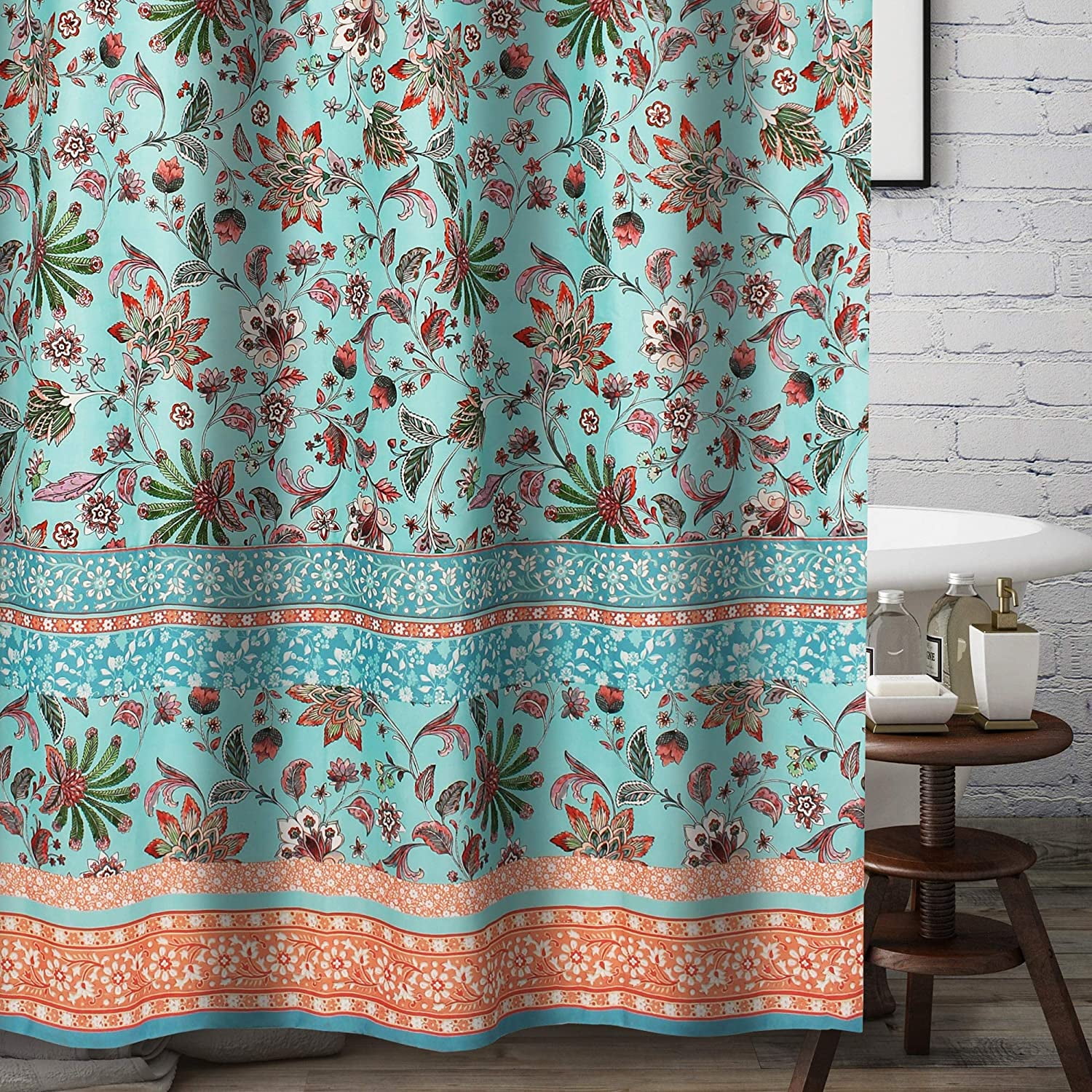 Barefoot Bungalow Audrey Modern Tropcial Floral Paisley Polyester Shower Curtain, 72" x 72", Turquoise