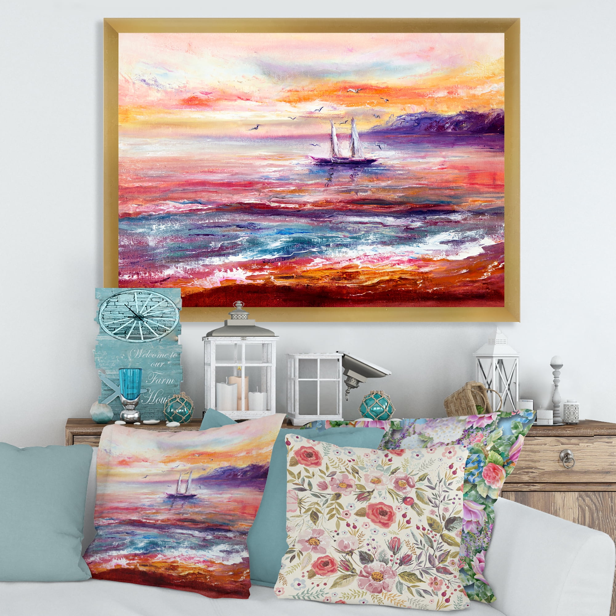 Designart 'Boat On The Ocean During VIbrant Sunset Glow' Nautical & Coastal Framed Art Print