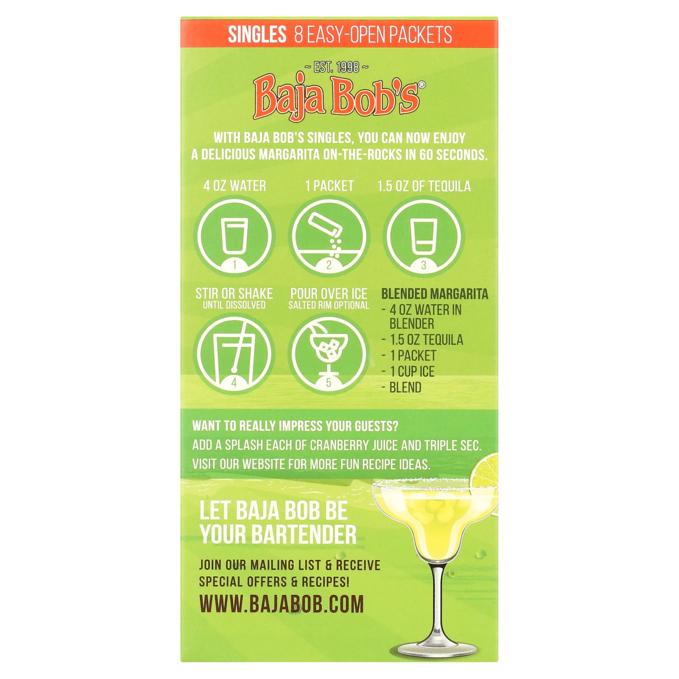 Baja Bob's Sugar-Free Cocktail Mixer, Original Lime Margarita, 8ct Singles