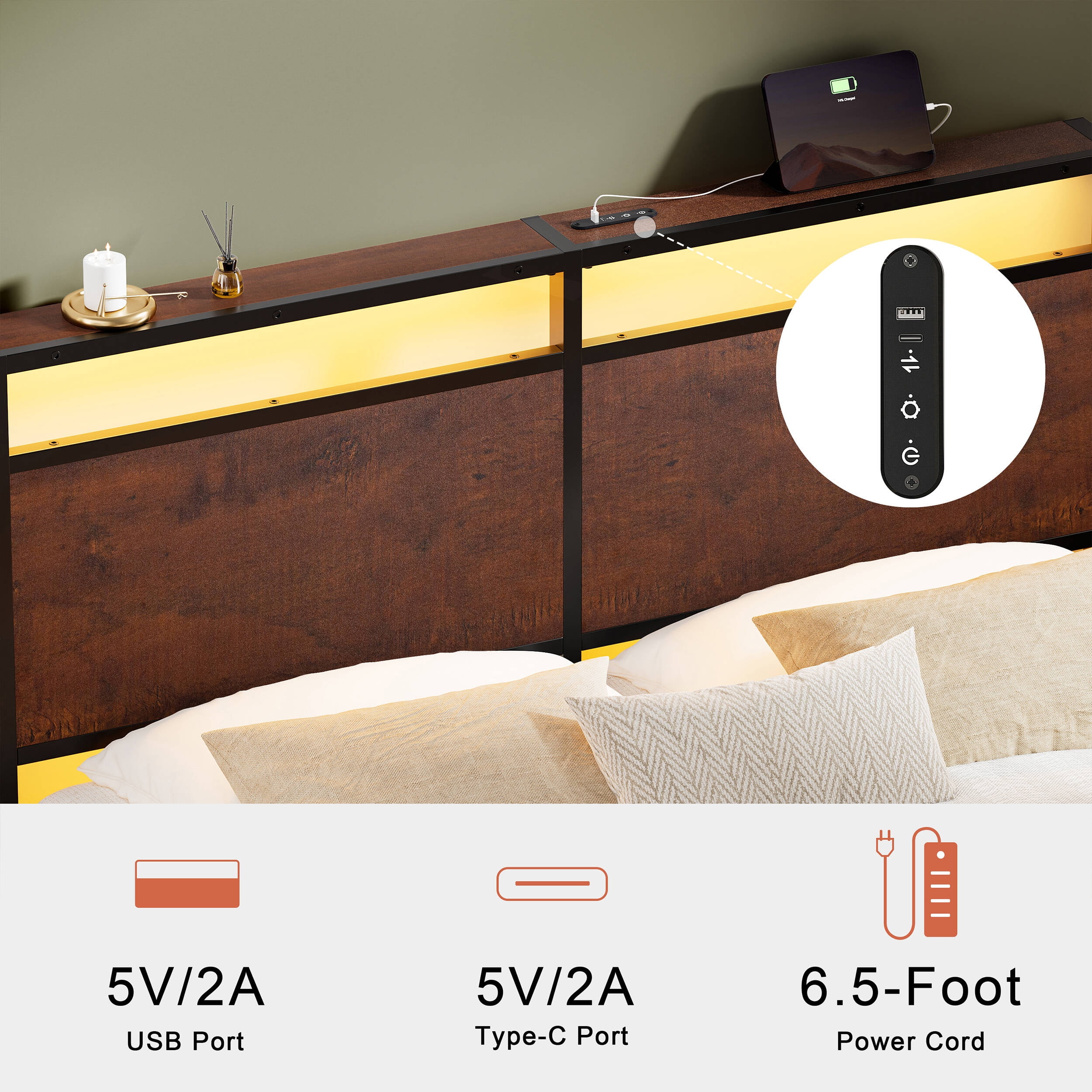 GUNAITO Queen Bed Frame with Headboard Metal Platform Bed with LED Lights and Charging Station, Rustic Brown
