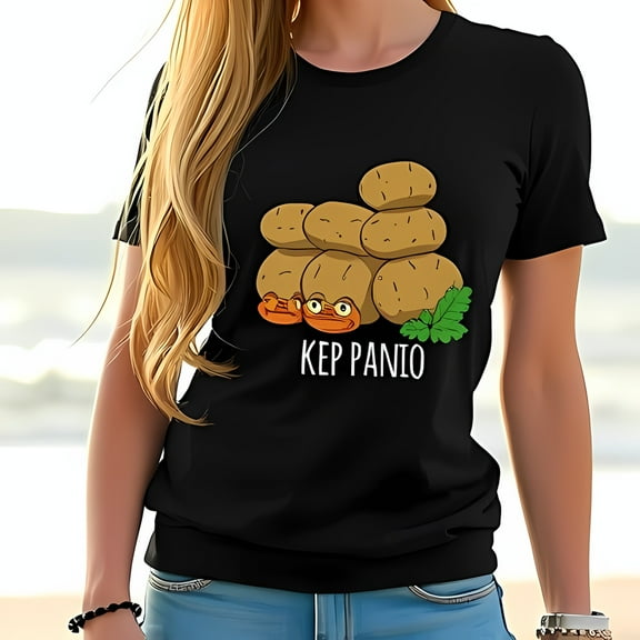 Whimsical Black T-Shirt with Cartoon Potatoes "Kep Panio" Graphic Tee for Summer Fun