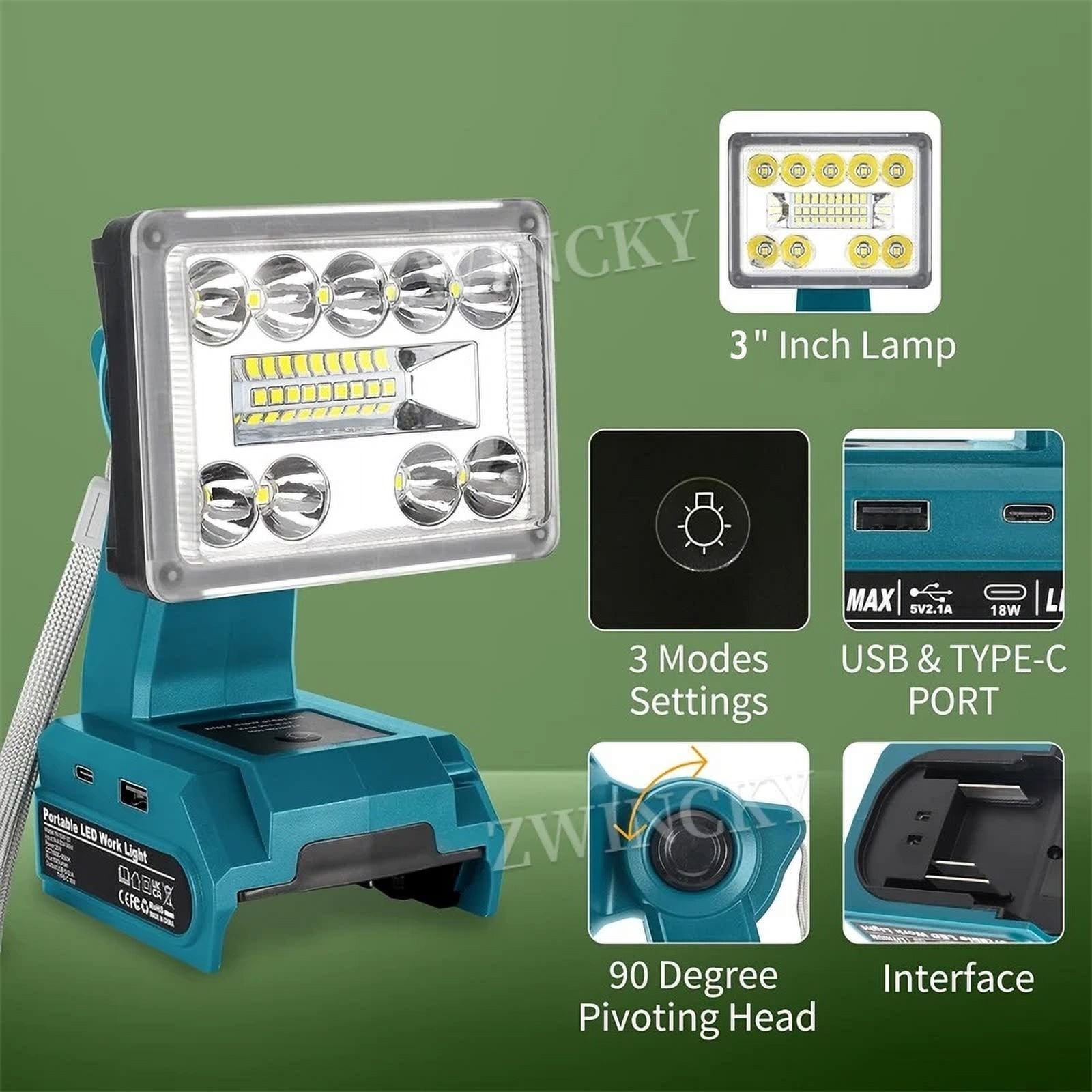 Outdoor Lighting 9W 1000LM Lamp For Makita/Milwaukee/Dewalt/Bosch/Black&Decker/Craftsman/Ryobi 18-20V Lithium Battery Flashlight