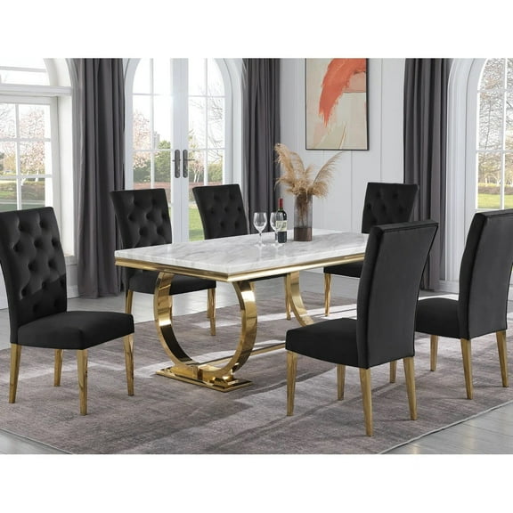 Contemporary 7-Piece Dining Set, Faux Marble Top Dining Table with Velvet Tufted Dining Chairs, Gold Metal Legs, Black