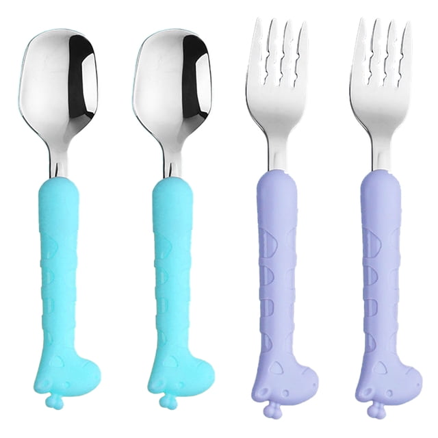 Juego de cuchara y tenedor para niños de utensilios para niños pequeños, cubiertos para niños con jirafa linda