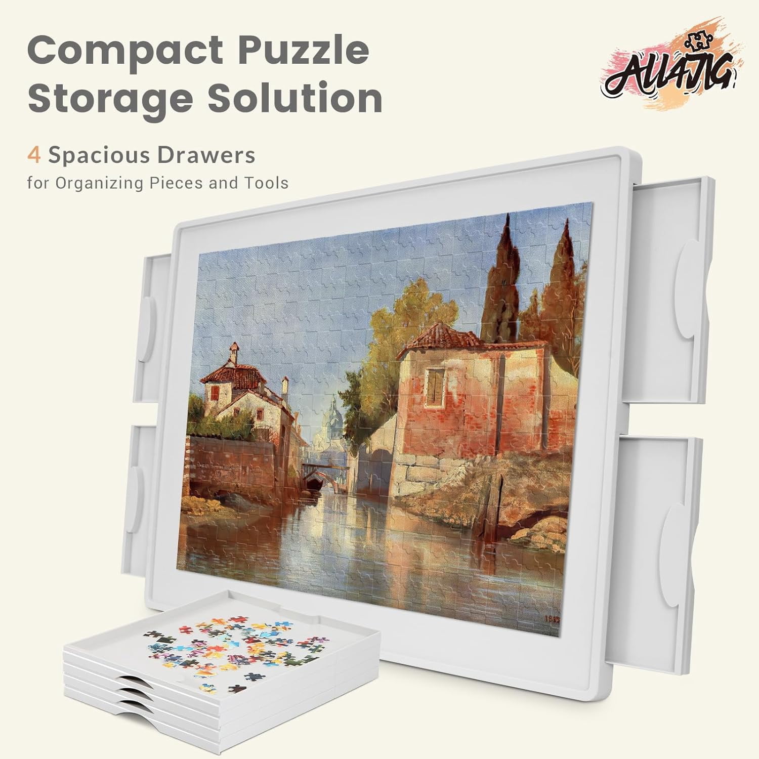 ALL4JIG Rotating Plastic Puzzle Board with 4 Drawers, Protective Cover, 1500 Pieces, Lazy Susan Design, Lightweight, for Adults, 34.21" x 25.75"