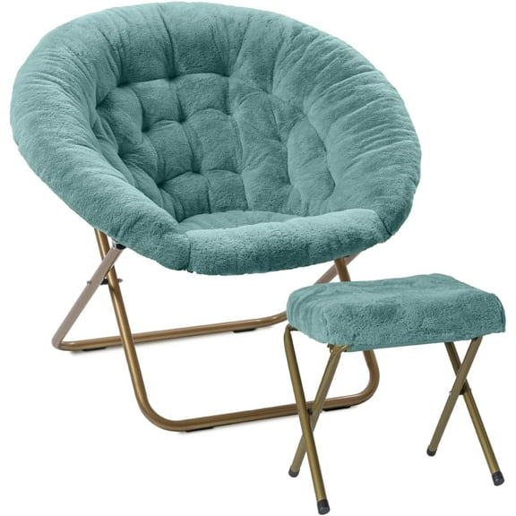 Hyxoo Cozy Chair with Footrest Ottoman/Faux Fur Saucer Chair for Bedroom/X-Large (Blue)