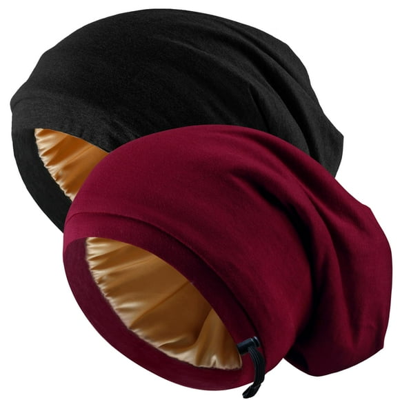 Gorro de satén de seda para dormir, 2 gorros de seda ajustables para mujeres y hombres, gorro para dormir, forro de seda, holgado, con correa ajustable, bufanda para la cabeza de pelo rizado, gorros d