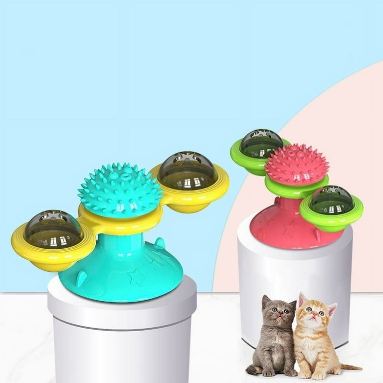 All4u Cat Turntable Toy, Multifunction Catnip Rotating Windmill Toys with Strong Suction Cup, Interactive Play Self Groomer Massage Toy Pink