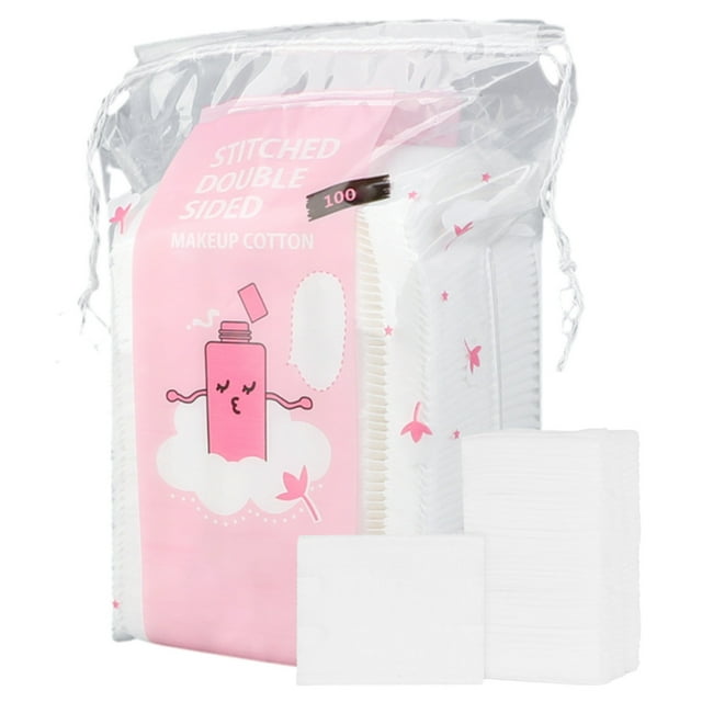 almohadillas de algodón paquete re-sellable de 100 unidades, cuadrados de algodón puro blancos 5.79×5.28 cm, empaque plástico transparente con etiqueta rosa y dos pilas de almohadillas mostrando textura sin pelusa y bordes cosidos; aptas para desmaquillar ojos, labios y retirar esmalte, y adecuadas para llevar en viajes.