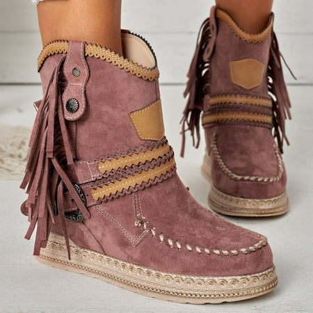 

YOTAMI Boots for Women 2022 Women Shoes Flat Heel Casual Retro Tassel Solid Color Pointed Zip Belt Buckle Knight Ankle Boots Pink