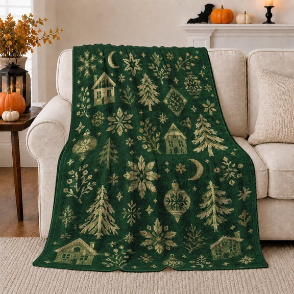Green Christmas Village with Trees Snowflakes Houses and Moons, Festive Folk Art Style for Holiday Lovers, Warm Flannel Blanket for Living Room and Family Room, Christmas Gift, Home Decor