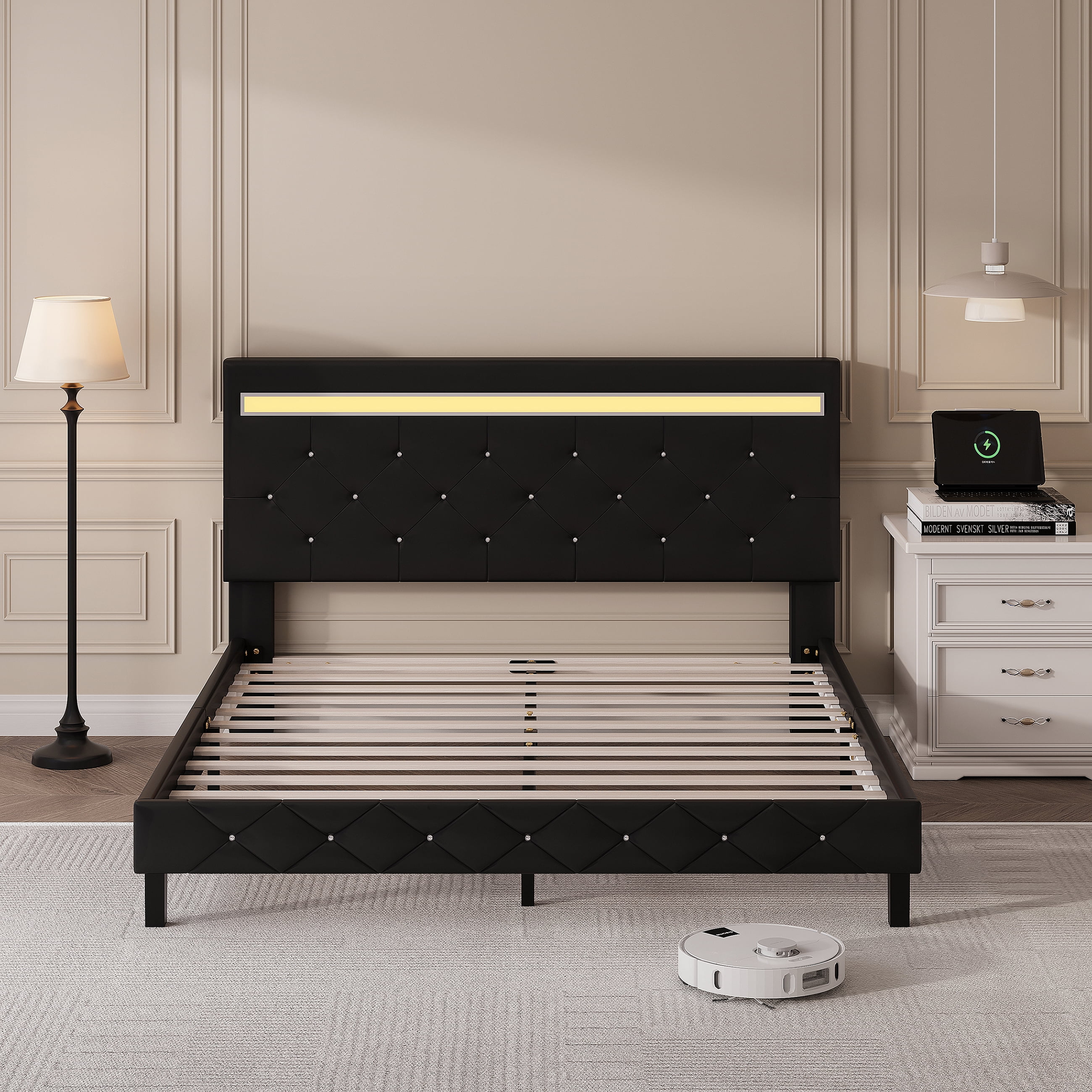 Forrise King Size Bed Frame with Upholstered LED Headboard, Built-in USB Ports & Power Outlets, No Box Spring Needed, Black