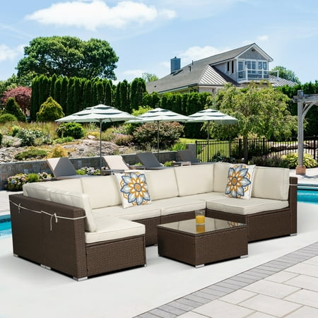 7pcs Outdoor Patio PE Wicker Rattan Sectional Furniture Set with Beige Cushions