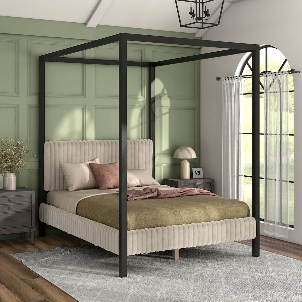 Furniture of America Elra Adult Queen Wood Mattress Ready Bed with Canopy Frame, Light Brown
