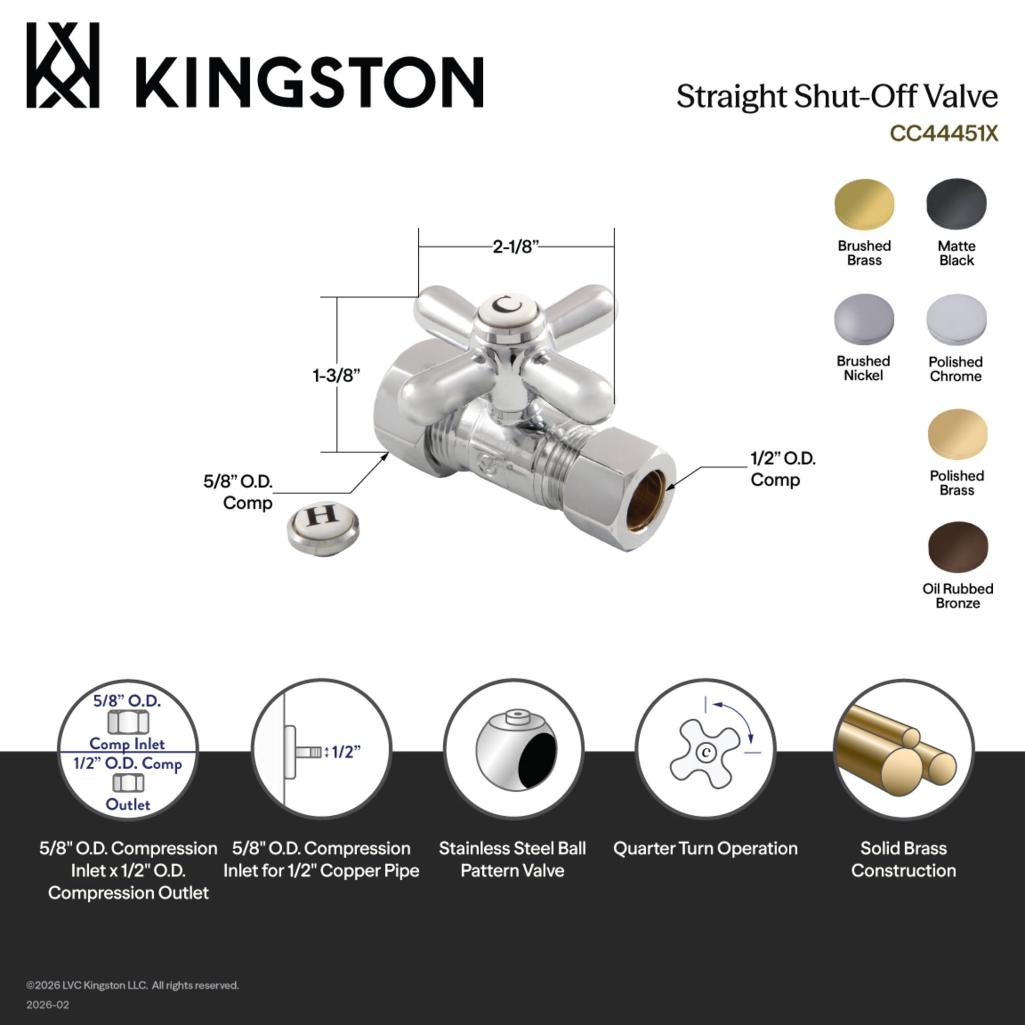 Kingston Brass CC44451X 5/8-Inch O.D. Comp x 1/2-Inch O.D. Comp Quarter-Turn Straight Shut-Off Valve in Polished Chrome