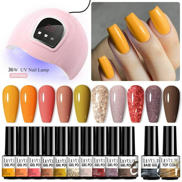LILYCUTE Juego de manicura de uñas 10 piezas Juego de esmalte de uñas con secador de lámpara UV Vernis Semi permanente Soak Off Base Top Coat Nail Art UV Gel zhangmengya LED