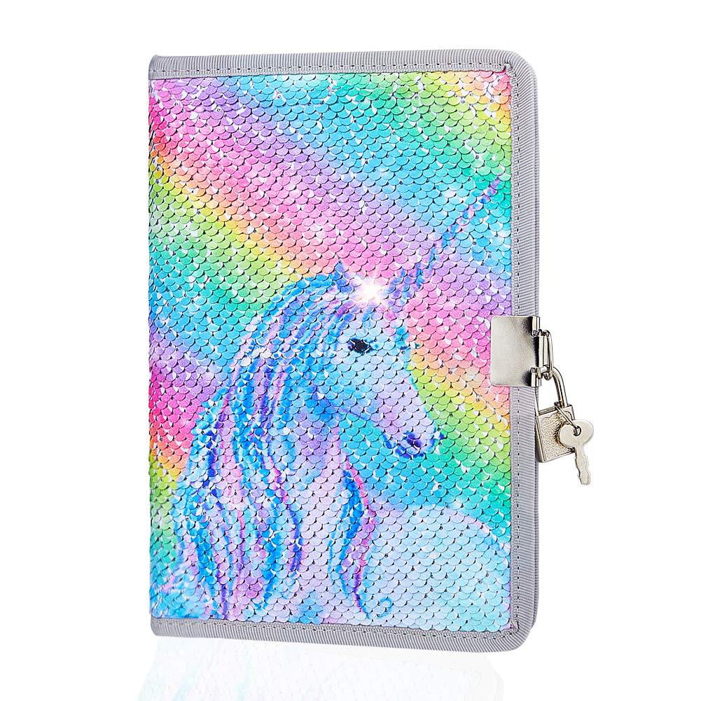 Unicorn Sequins Notebook Rainbow Unicorn Journal for Girls with Locks Keys Unique Gift A5 Diary Notebook for Travel School Office Notepad Memos to Keep Secret Privacy 