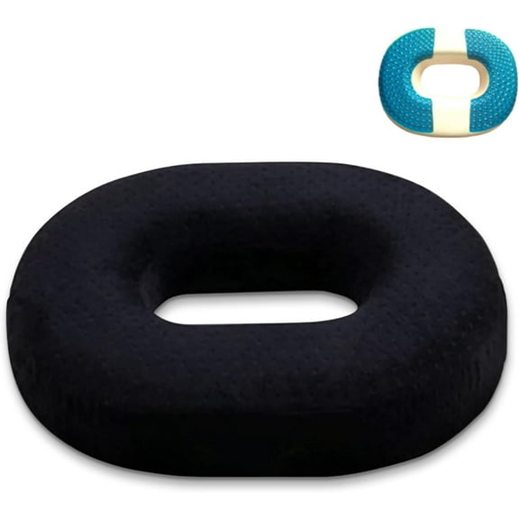 Donut Pillow Seat Cushion for Tailbone Pain Relief - Orthopedic Gel & Memory Foam with Cooling Layer, Non-Slip Base - Sciatica, Hemorrhoid, Pregnancy Support (Office, Car, Wheelchair) (Black)