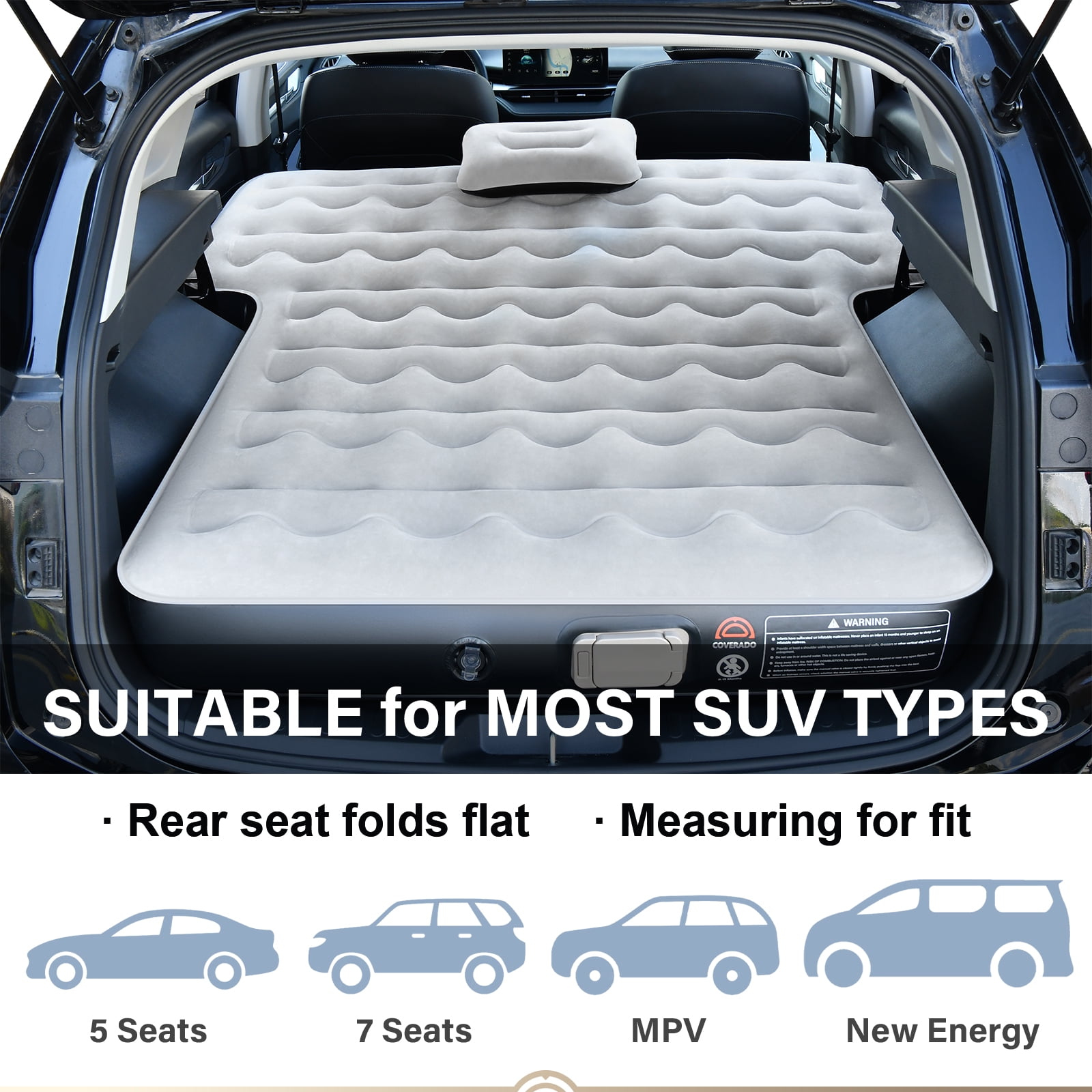Coverado Air Mattress for SUV, Thickened Flocking Travel Camping Bed with Electric Pump, Inflatable Bed for SUV Trunk, Gray